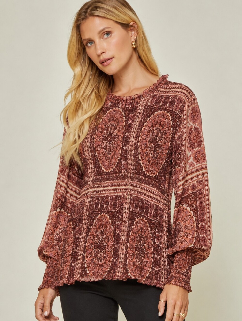 Bohme Paisley Smocked Blouse Cuffs Prairie Long Sleeve Cottage Core Sz Sm